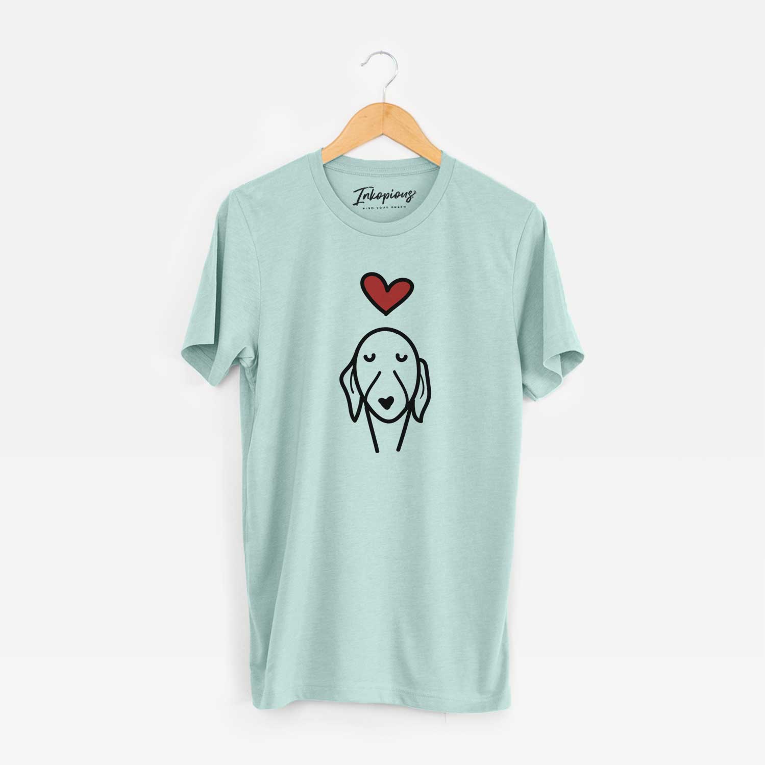Minimalist line drawing of a Whippet with a red heart on a Heather Sage Unisex crewneck