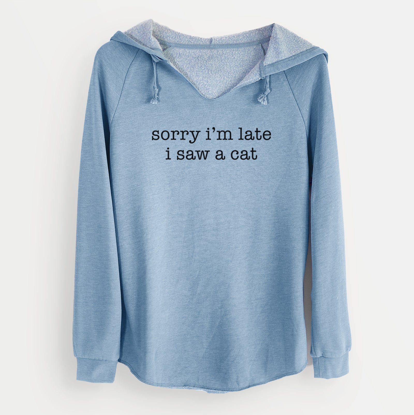 'Sorry I'm Late I Saw a Cat' design on a Misty Blue Cali Wave Hooded Sweatshirt