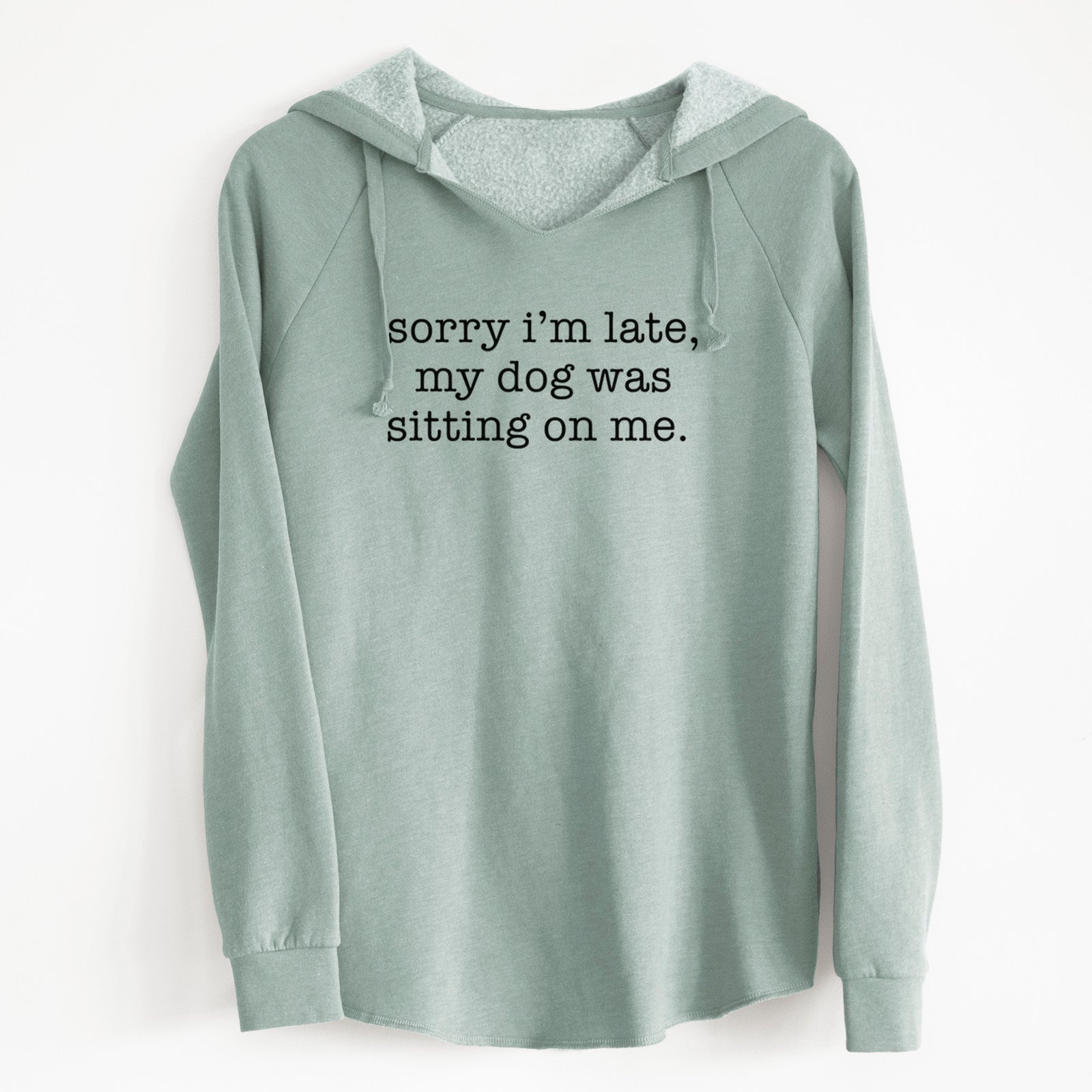 'Sorry I'm Late, My Dog Was Sitting On Me' design on a Sage Cali Wave Hooded Sweatshirt