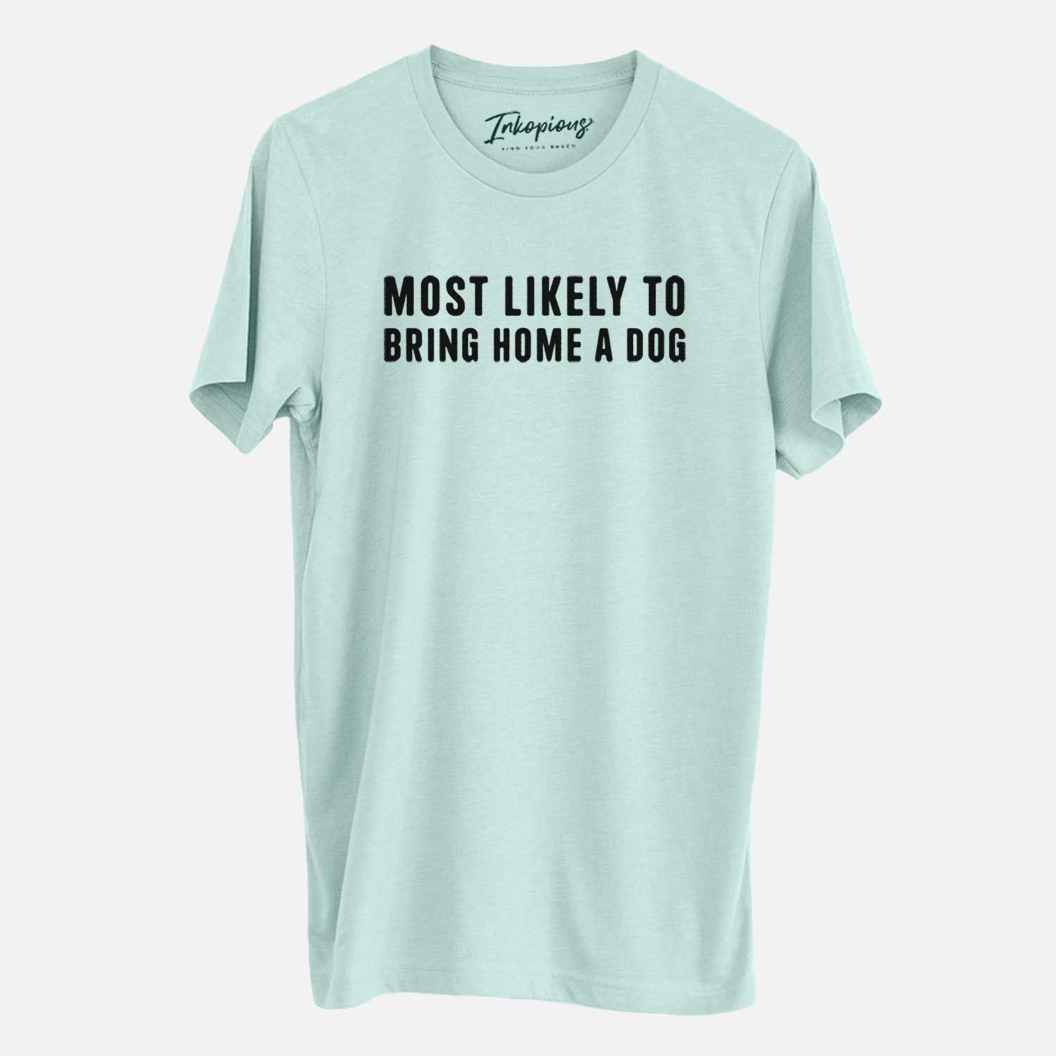 'Most Likely To Bring Home a Dog Text Only' design on a Heather Sage Unisex crewneck