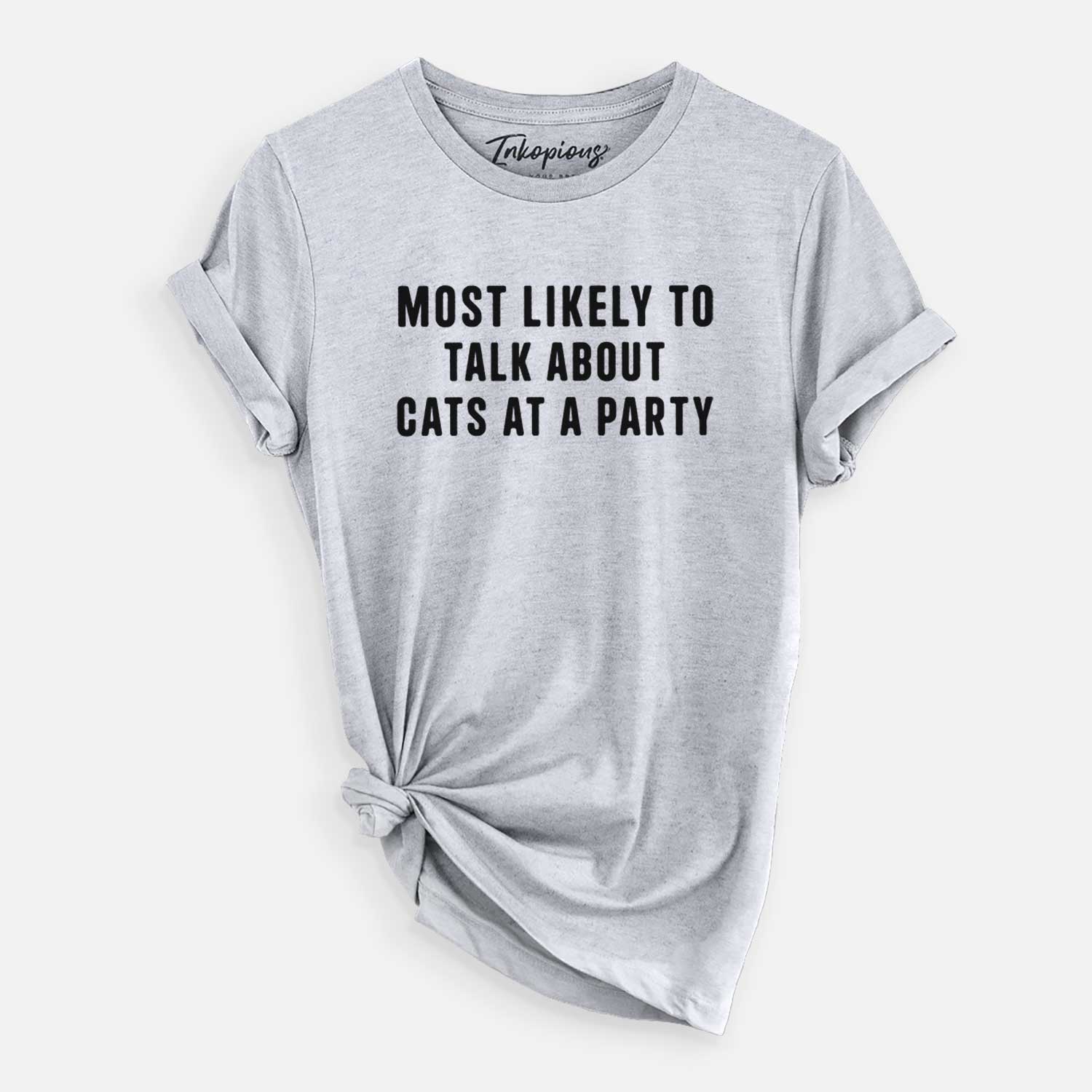 'Most Likely to Talk About Cats at a Party' design on a Grey Unisex crewneck