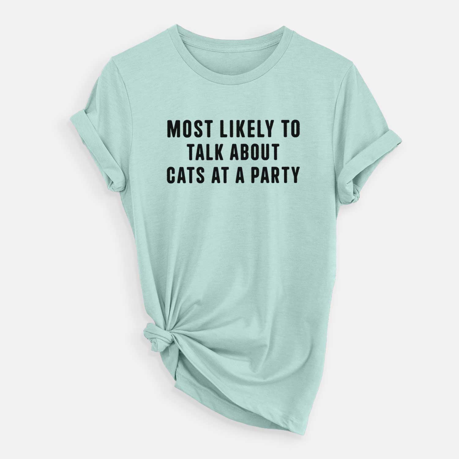 'Most Likely to Talk About Cats at a Party' design on a Heather Sage Unisex crewneck