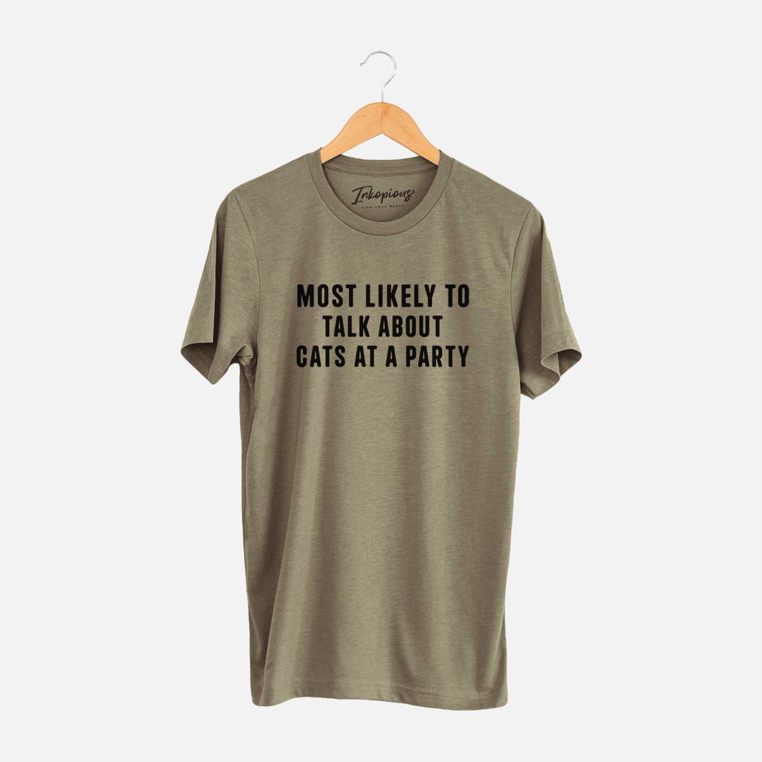 'Most Likely to Talk About Cats at a Party' design on an Olive Unisex crewneck