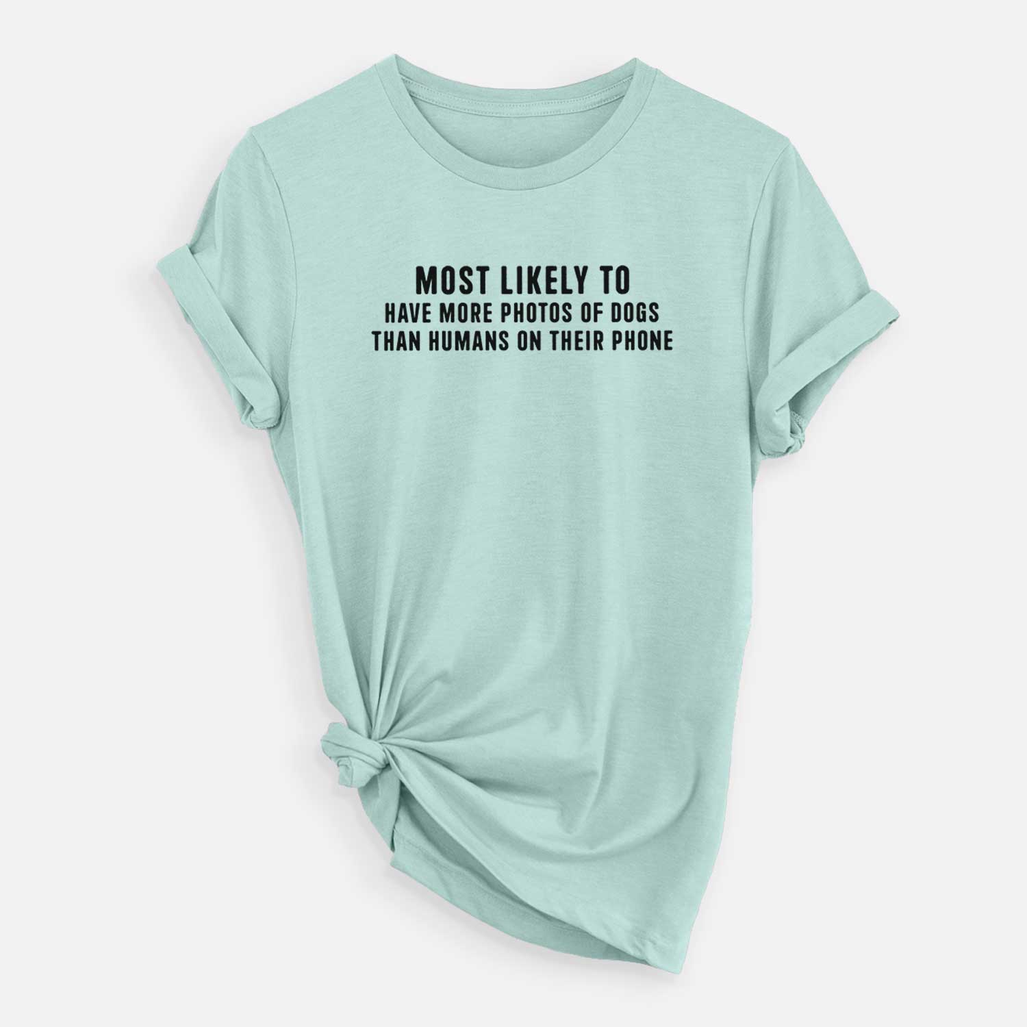 'Most Likely to Have More Photos of Dogs than Humans on their Phone' design on a Heather Sage Unisex crewneck