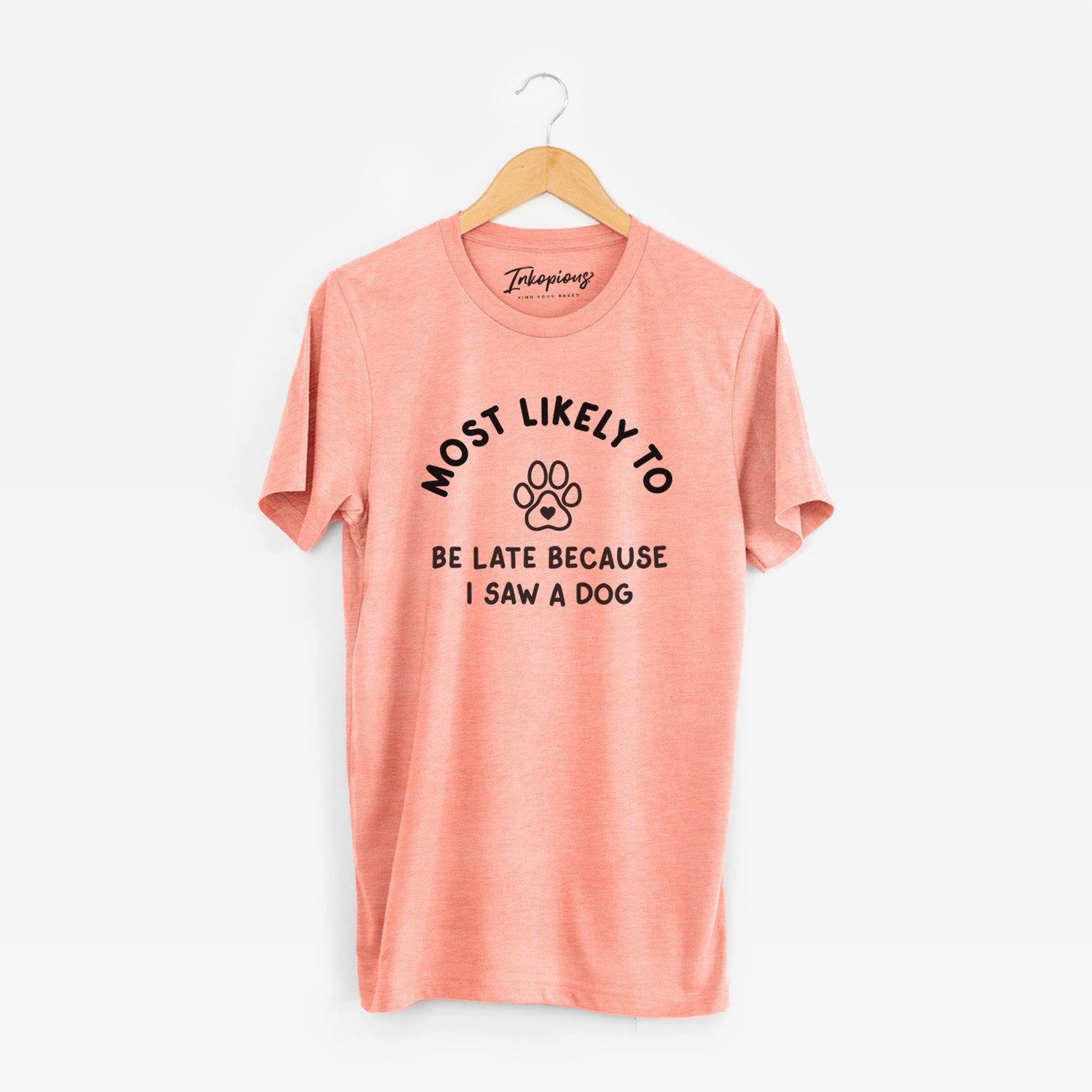 'Most Likely to Be Late Because I Saw a Dog' design on a Sunset Unisex crewneck