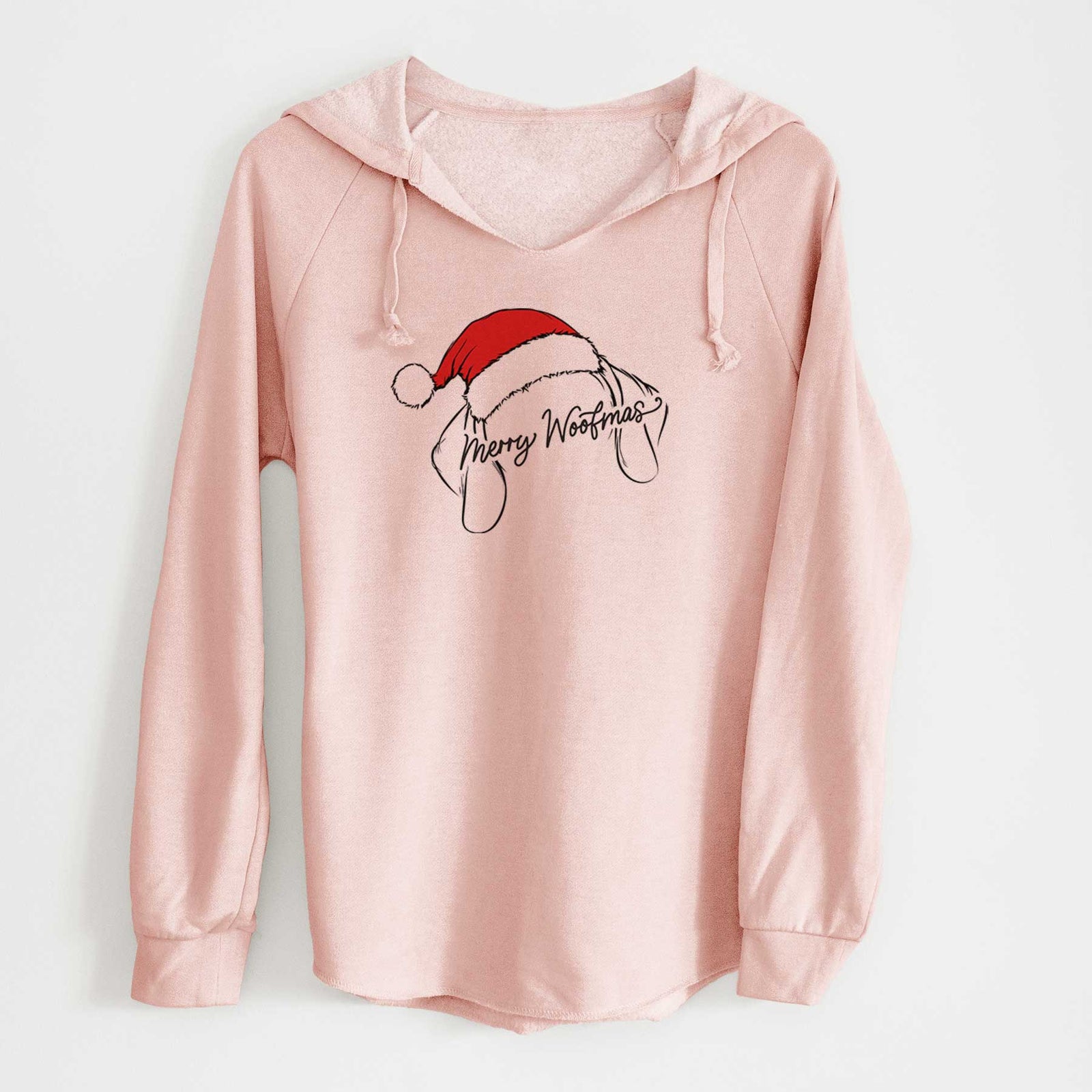 Hand-drawn sketch of Merry Woofmas - German Shorthaired Pointer wearing a Santa hat with Christmas script lettering on a Blush Cali Wave Hooded Sweatshirt