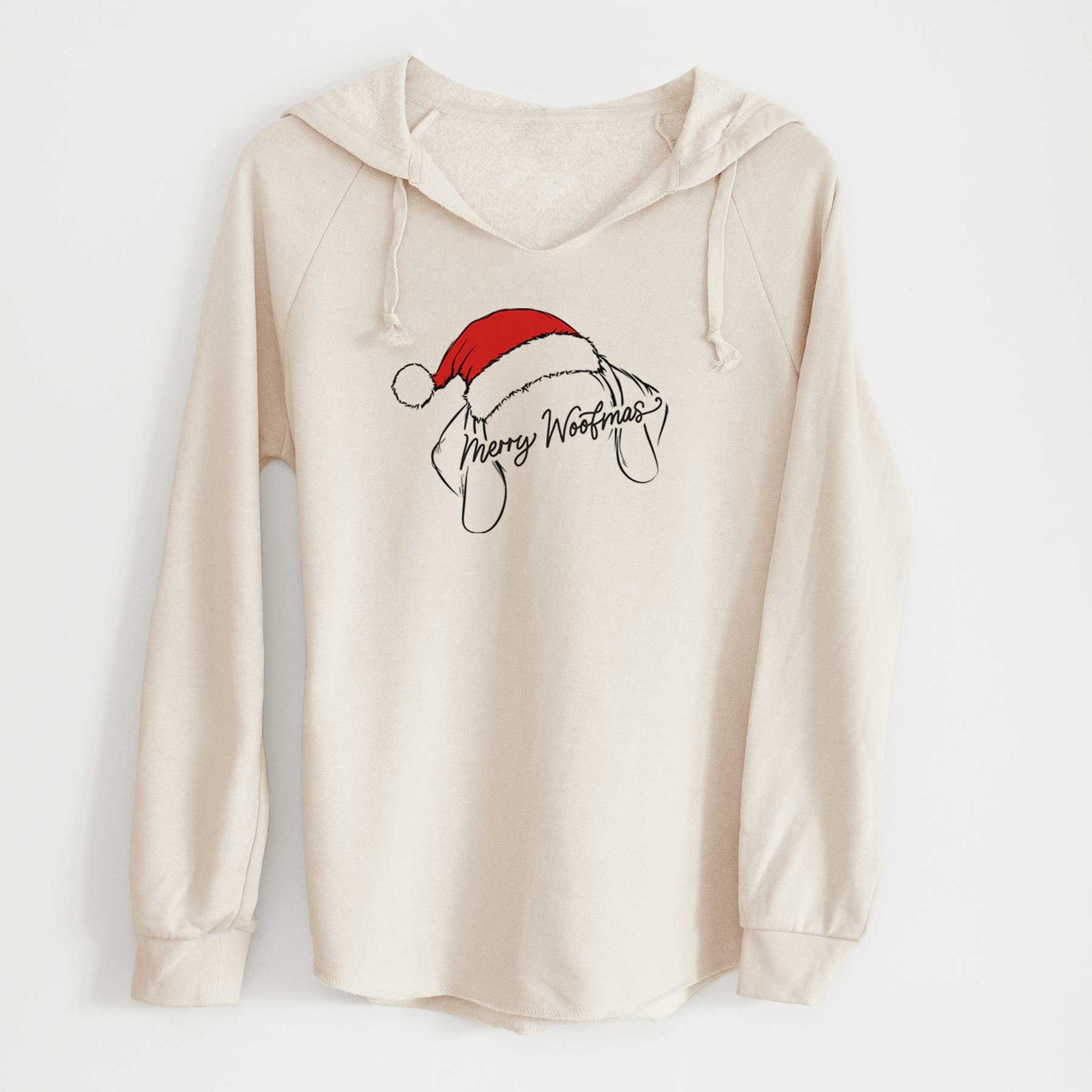 Hand-drawn sketch of Merry Woofmas - German Shorthaired Pointer wearing a Santa hat with Christmas script lettering on a Bone Cali Wave Hooded Sweatshirt