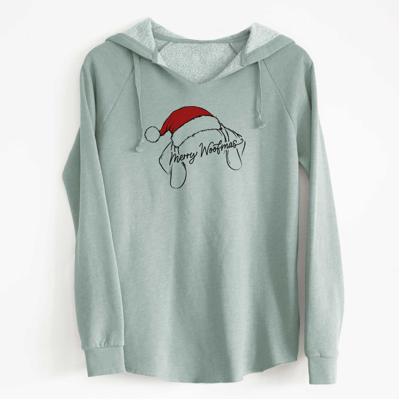 Hand-drawn sketch of Merry Woofmas - German Shorthaired Pointer wearing a Santa hat with Christmas script lettering on a Sage Cali Wave Hooded Sweatshirt