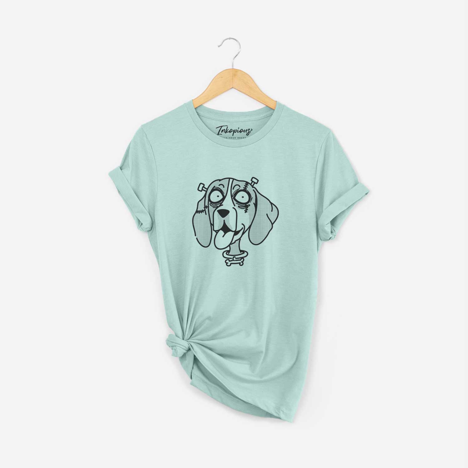 Minimalist line drawing of Bluetick Coonhound - Nightmare Collection on a Heather Sage Unisex crewneck