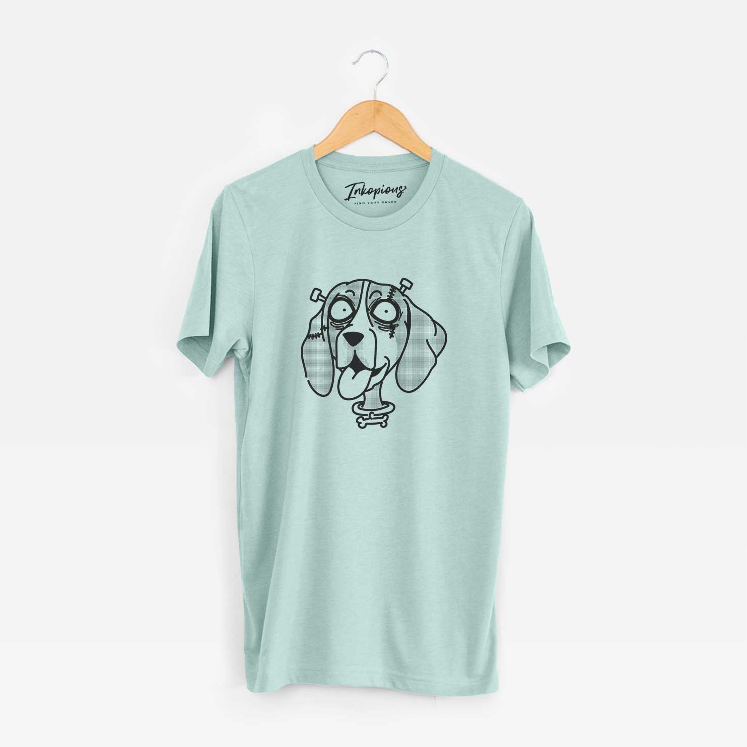 Minimalist line drawing of Bluetick Coonhound - Nightmare Collection on a Heather Sage Unisex crewneck