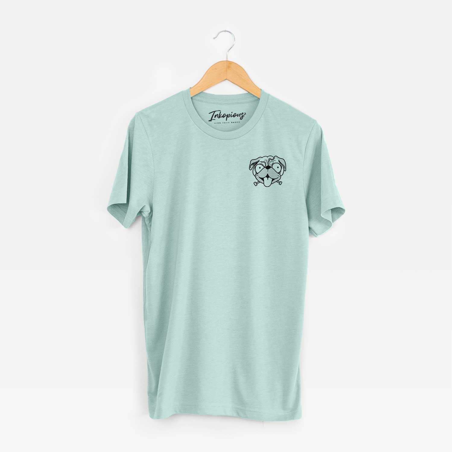 Small chest-pocket minimalist line drawing of Pug - Nightmare Collection on a Heather Sage Unisex crewneck