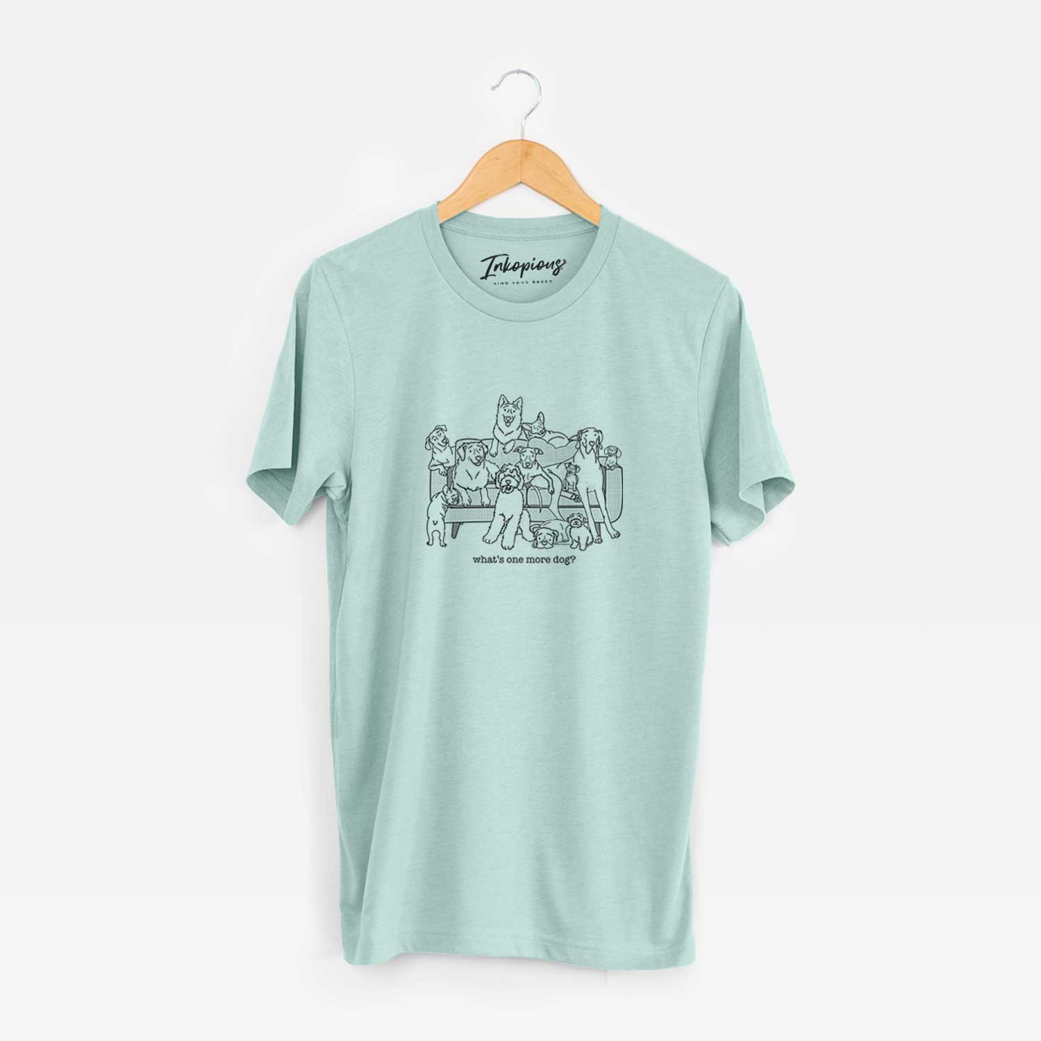 'What's One More Dog?' design on a Heather Sage Unisex crewneck