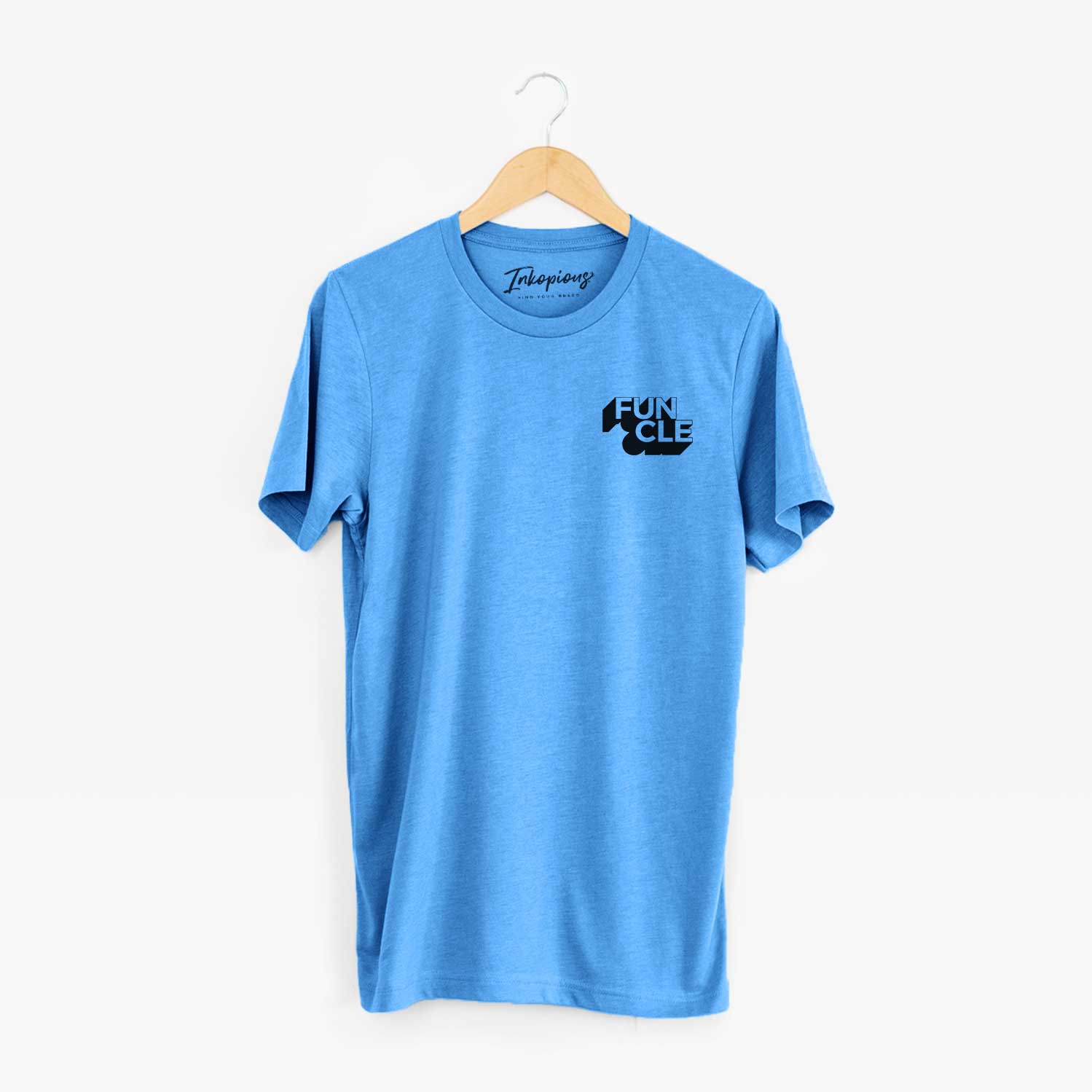 Small chest-pocket hand-drawn sketch of Funcle - Blockscape Collection on a Blue Unisex crewneck