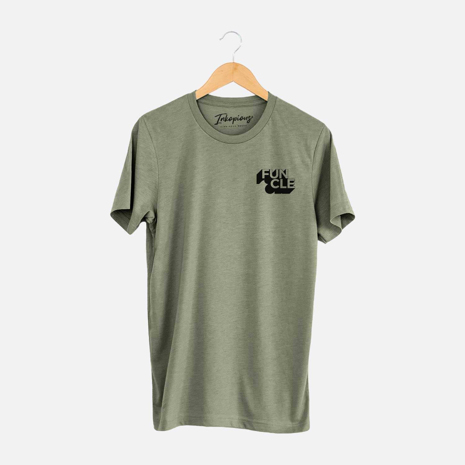 Small chest-pocket hand-drawn sketch of Funcle - Blockscape Collection on an Olive Unisex crewneck