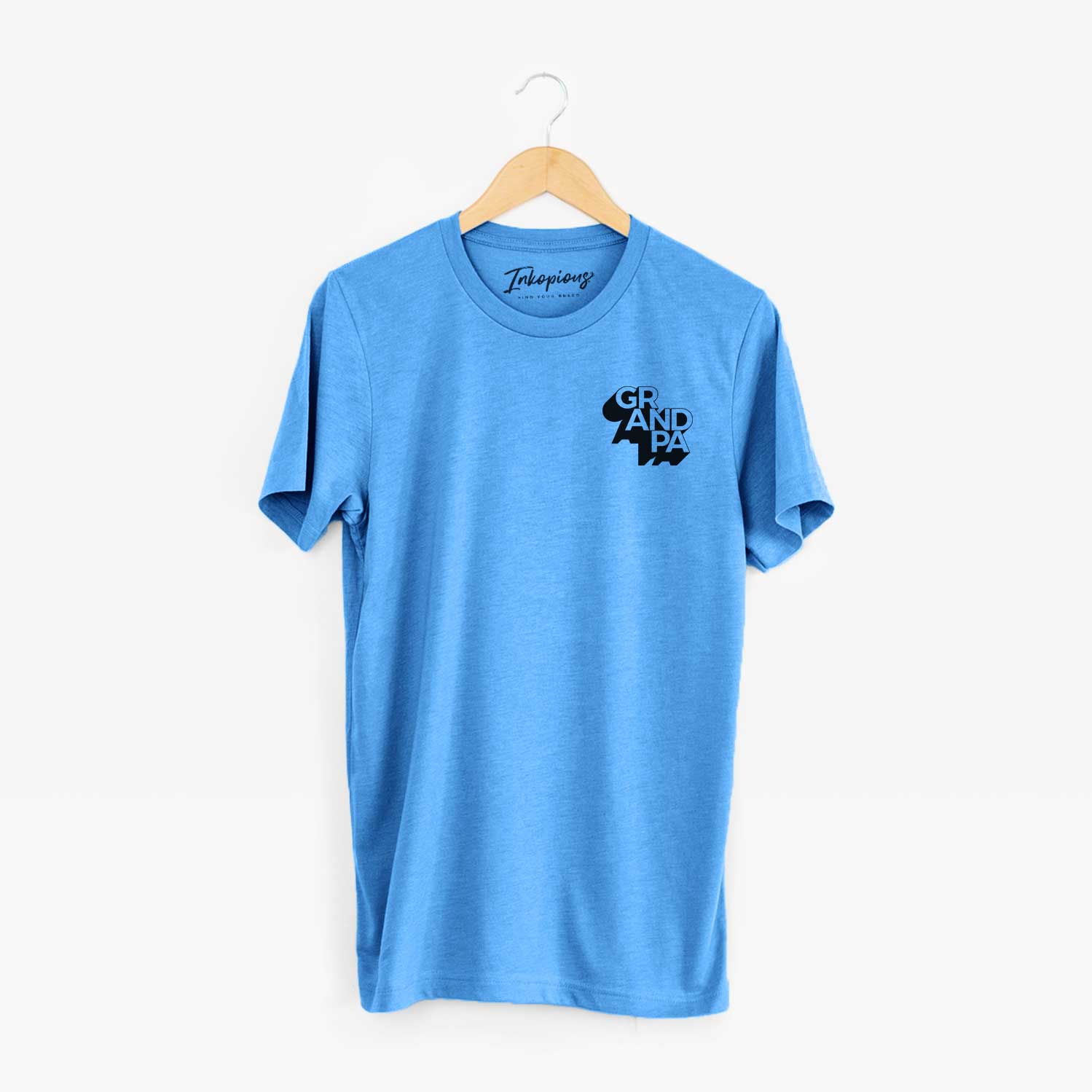 Small chest-pocket hand-drawn sketch of Grandpa - Blockscape Collection on a Blue Unisex crewneck