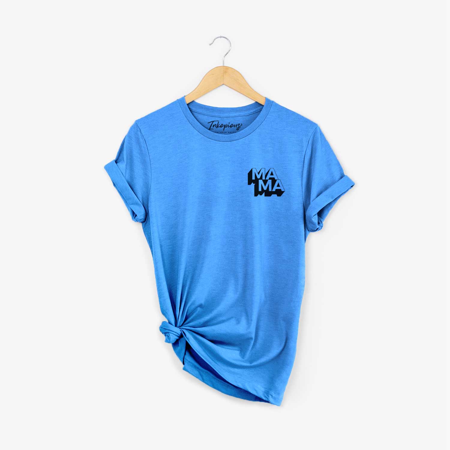 Small chest-pocket hand-drawn sketch of Mama - Blockscape Collection on a Blue Unisex crewneck