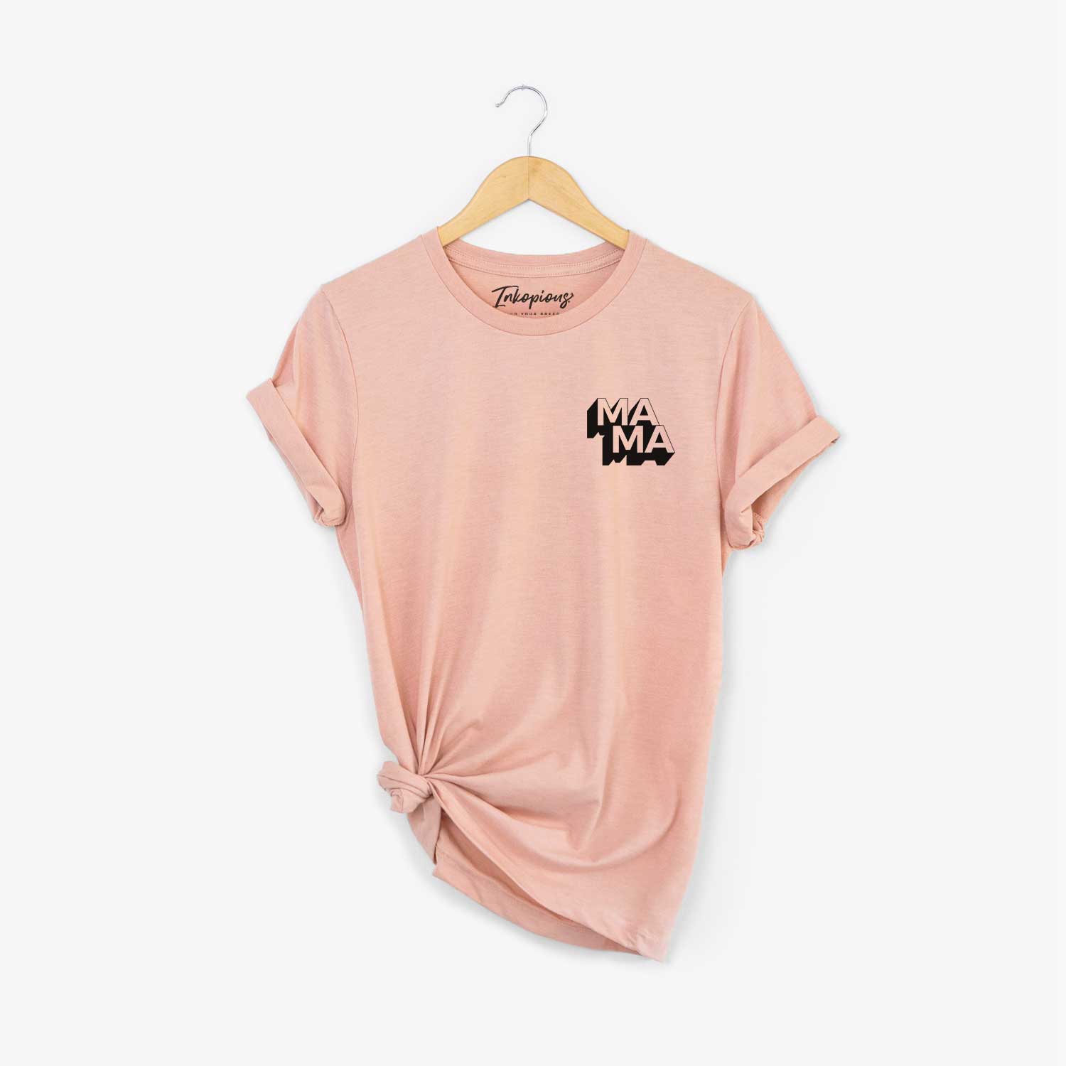 Small chest-pocket hand-drawn sketch of Mama - Blockscape Collection on a Peach Unisex crewneck