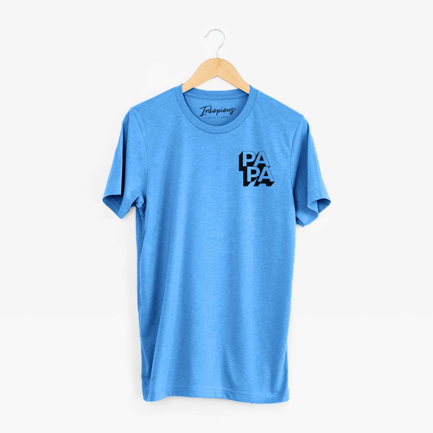 Small chest-pocket hand-drawn sketch of Papa - Blockscape Collection on a Blue Unisex crewneck