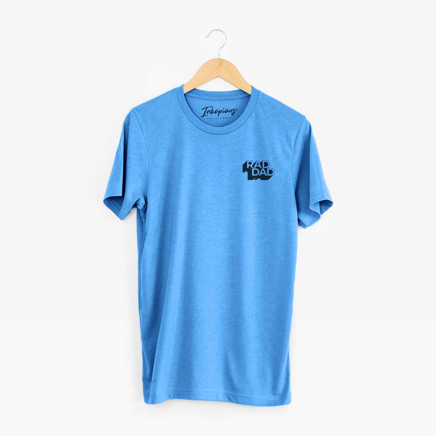 Small chest-pocket hand-drawn sketch of Rad Dad - Blockscape Collection on a Blue Unisex crewneck