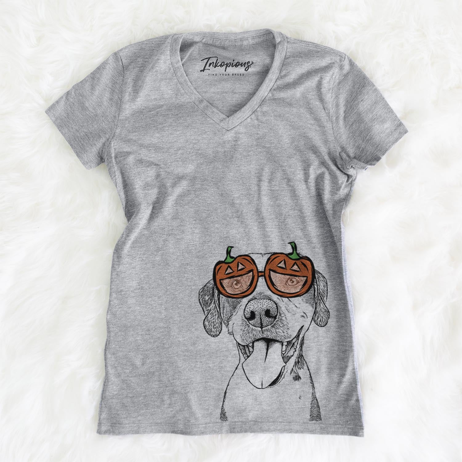 Hand-drawn sketch of Ace Boogie the Mixed Breed wearing pumpkin glasses on a Grey pumpkin collection, on a hanger