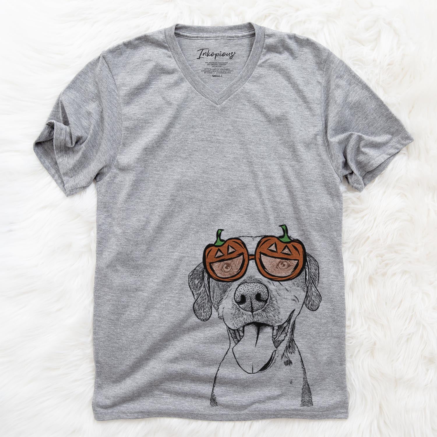 Hand-drawn sketch of Ace Boogie the Mixed Breed wearing pumpkin glasses on a Grey pumpkin collection