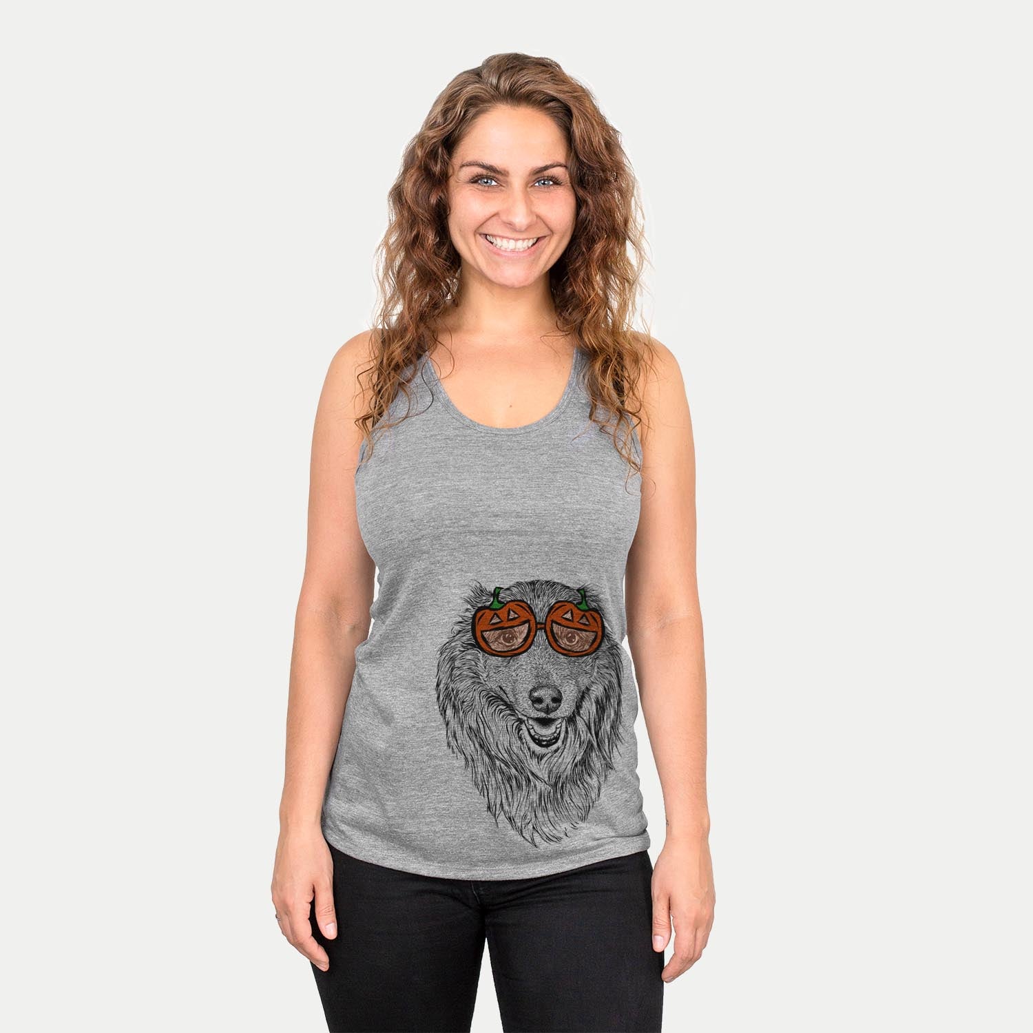 Hand-drawn sketch of Addie the Mixed Breed wearing pumpkin glasses on a Grey pumpkin collection