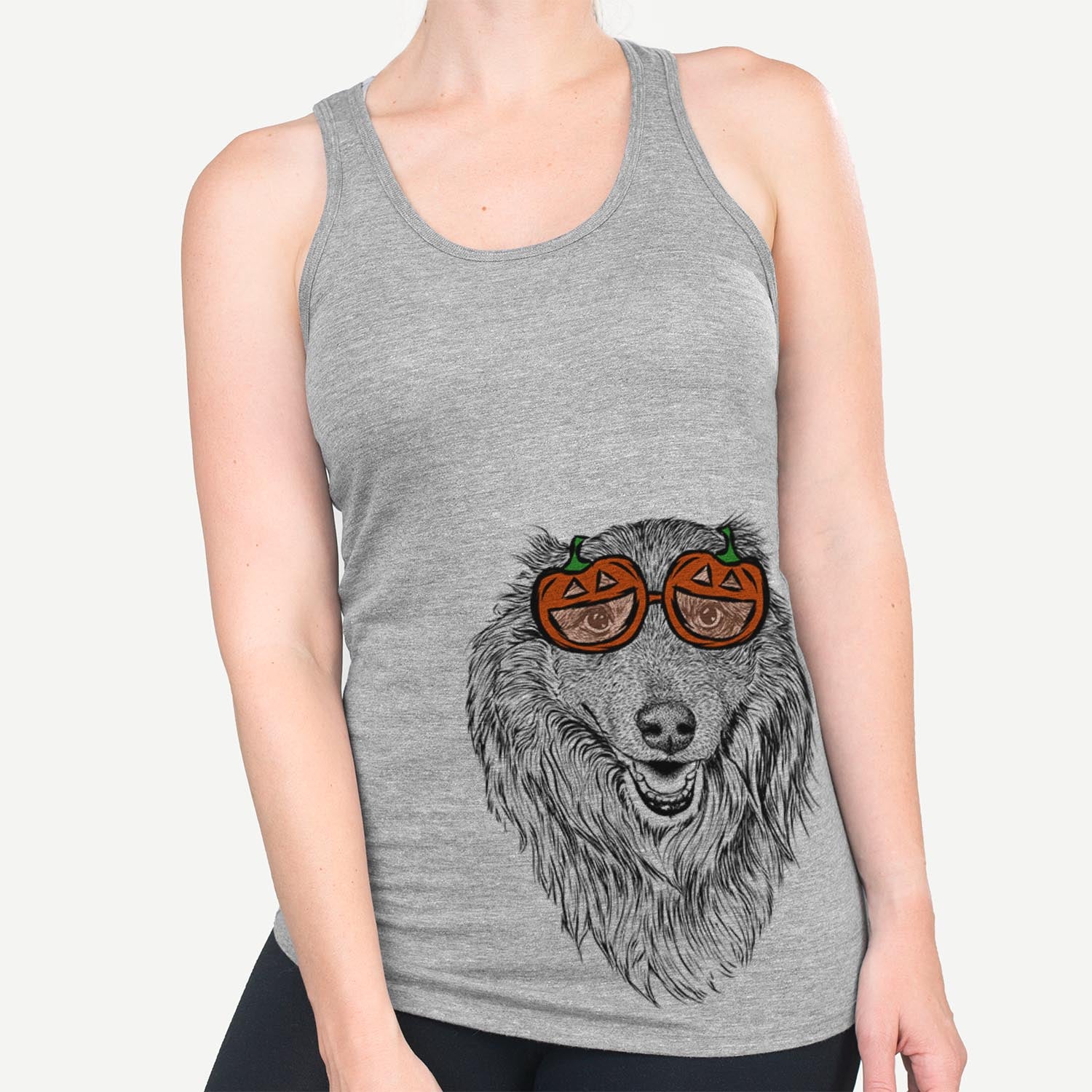 Hand-drawn sketch of Addie the Mixed Breed wearing pumpkin glasses on a Grey pumpkin collection