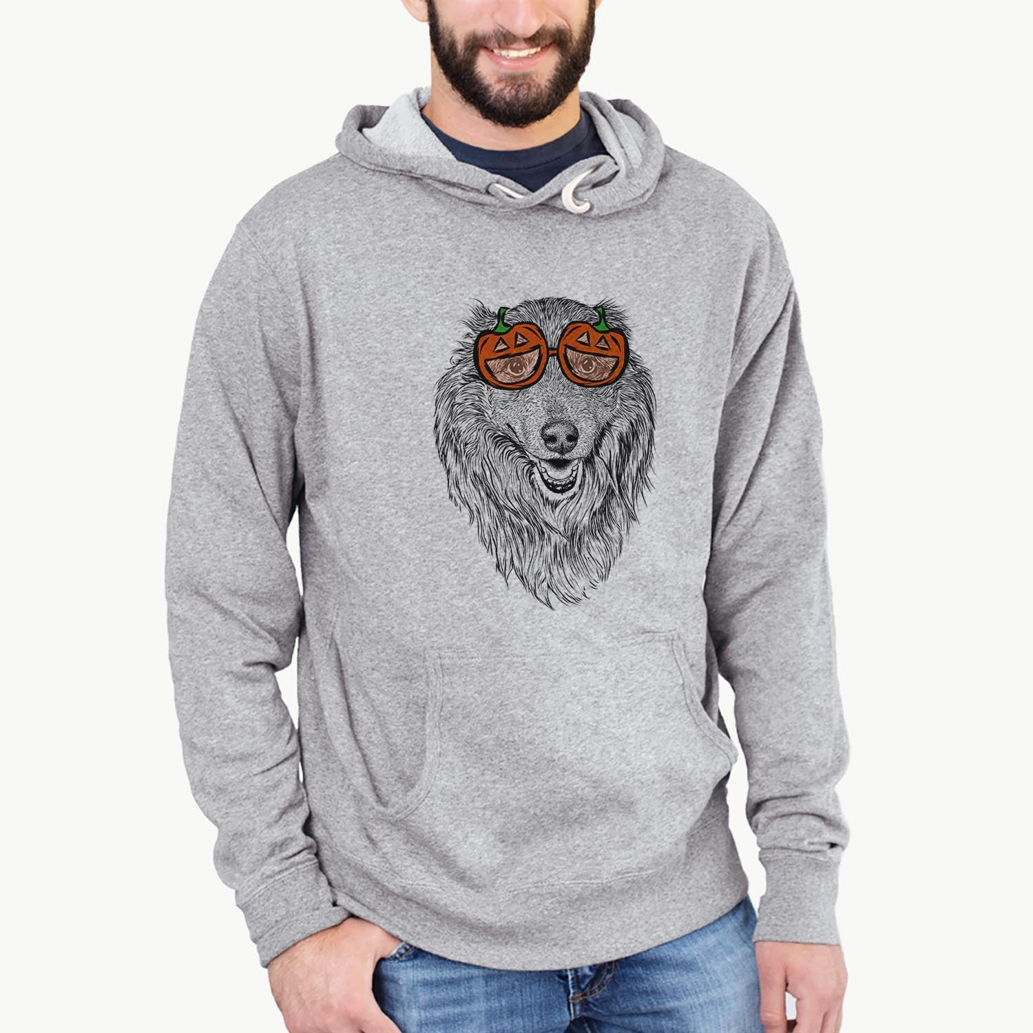 Hand-drawn sketch of Addie the Mixed Breed wearing pumpkin glasses on a Grey pumpkin collection