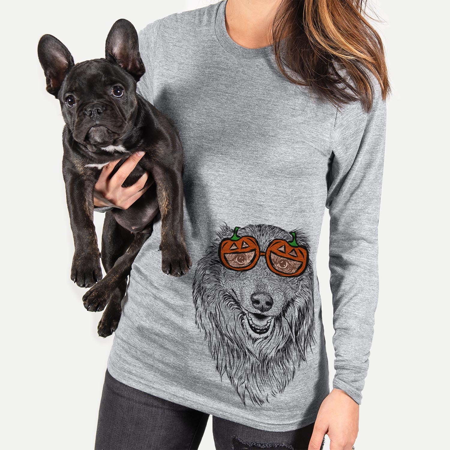 Hand-drawn sketch of Addie the Mixed Breed wearing pumpkin glasses on a Grey pumpkin collection