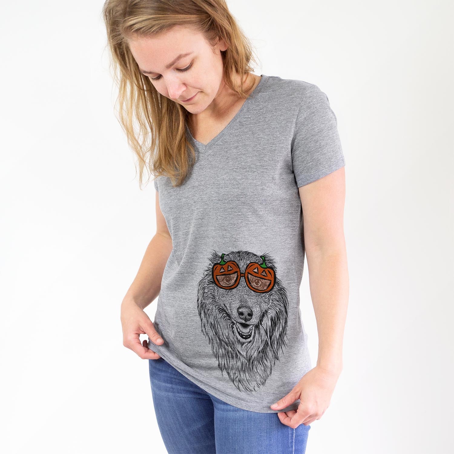 Hand-drawn sketch of Addie the Mixed Breed wearing pumpkin glasses on a Grey pumpkin collection