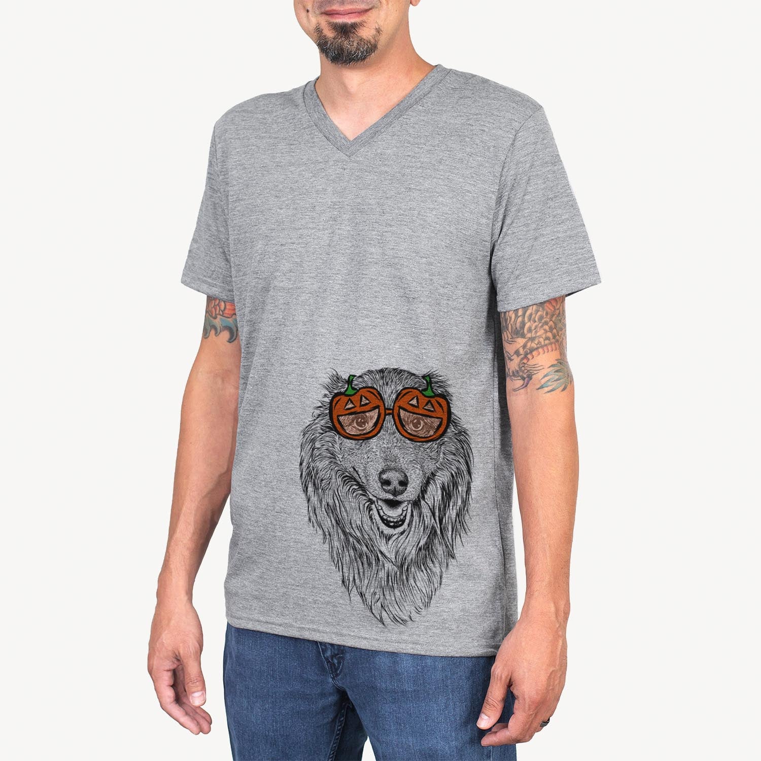 Hand-drawn sketch of Addie the Mixed Breed wearing pumpkin glasses on a Grey pumpkin collection