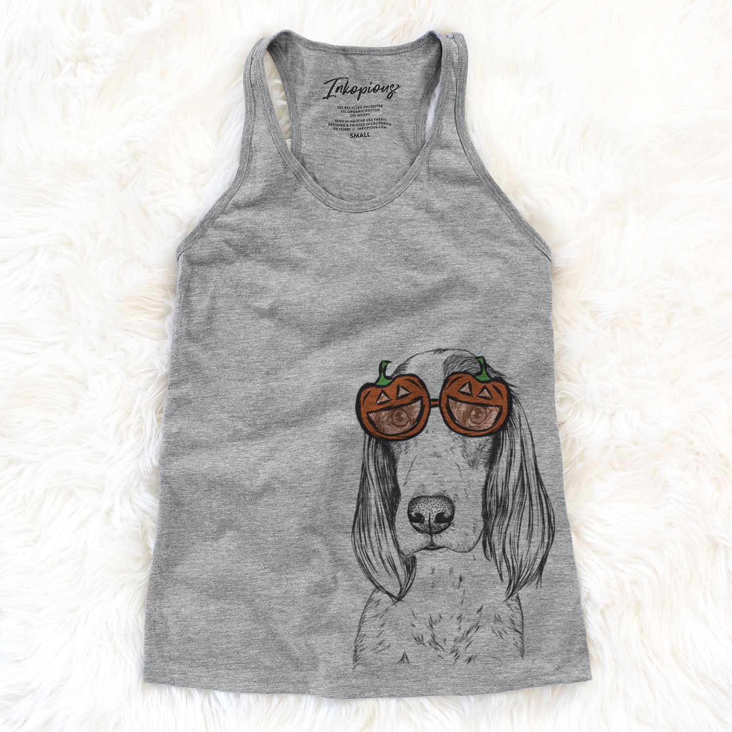 Hand-drawn sketch of Aline the Irish Red and White Setter wearing pumpkin glasses on a Grey pumpkin collection