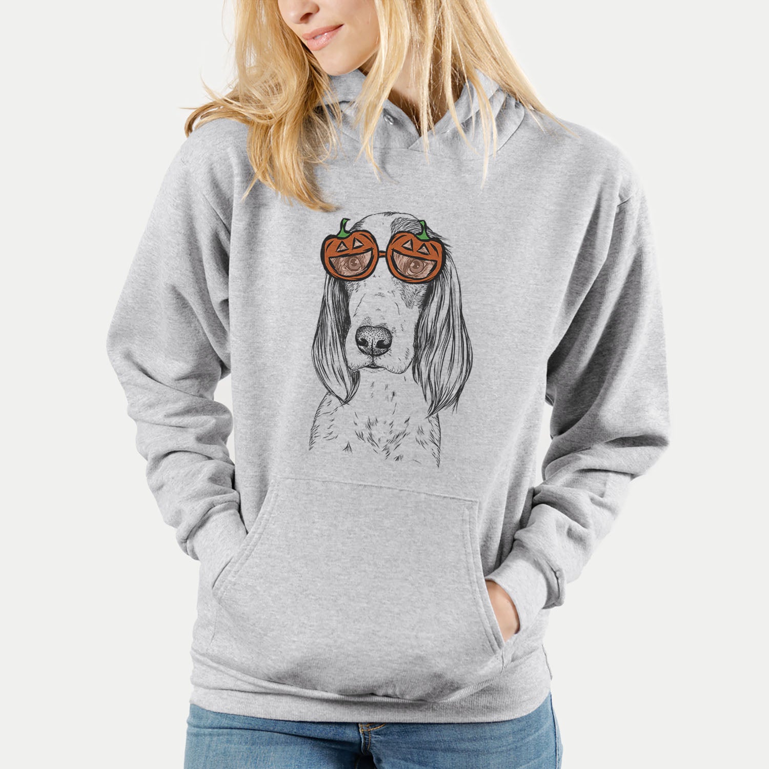 Hand-drawn sketch of Aline the Irish Red and White Setter wearing pumpkin glasses on a Grey pumpkin collection
