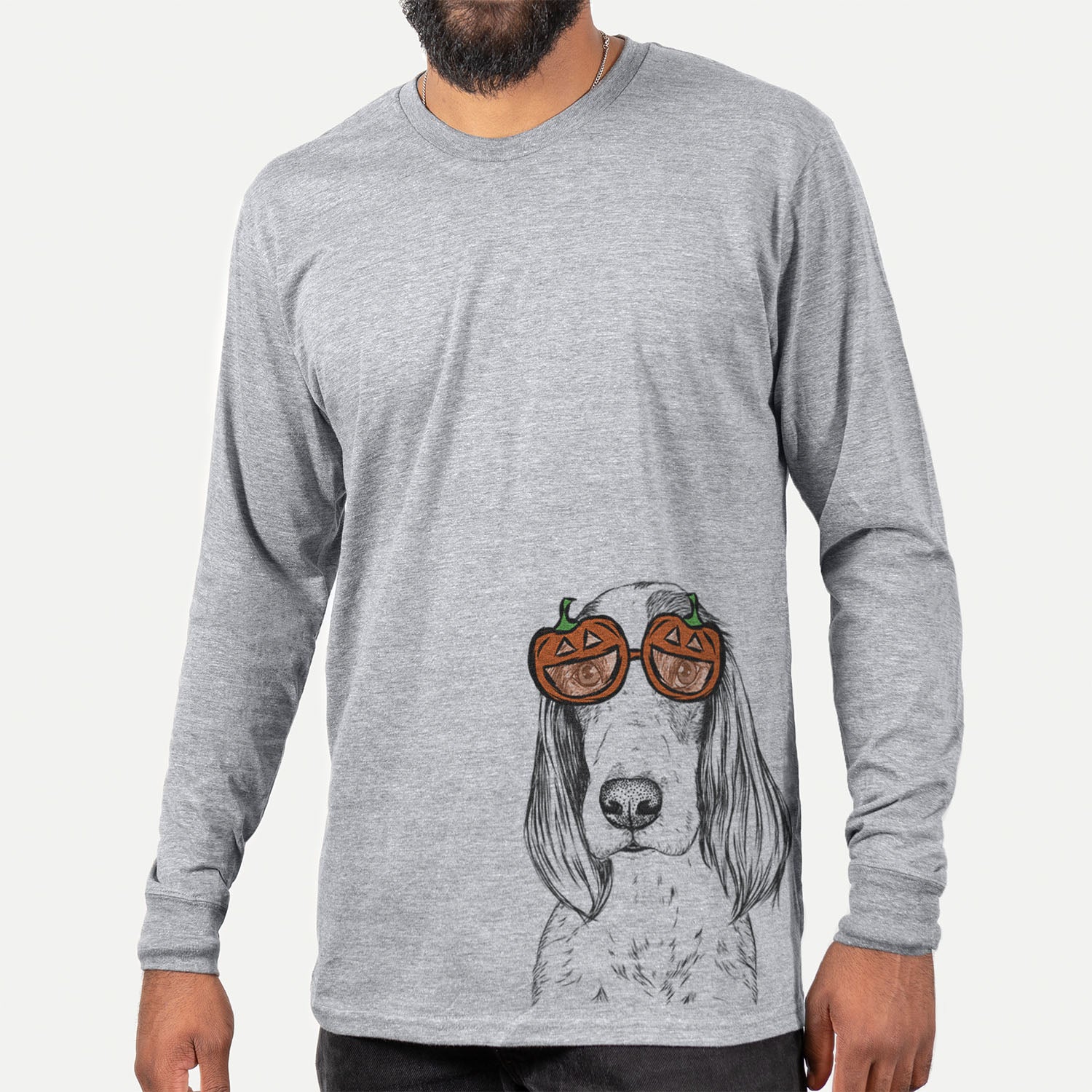 Hand-drawn sketch of Aline the Irish Red and White Setter wearing pumpkin glasses on a Grey pumpkin collection, hanging on a wall