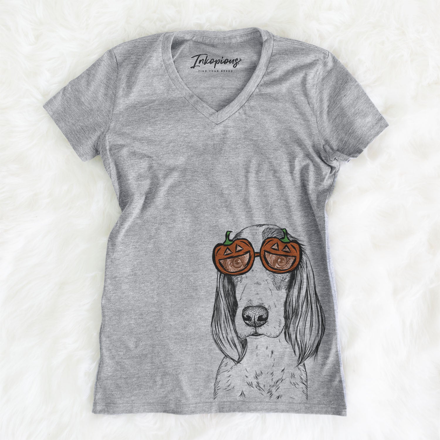 Hand-drawn sketch of Aline the Irish Red and White Setter wearing pumpkin glasses on a Grey pumpkin collection, on a hanger