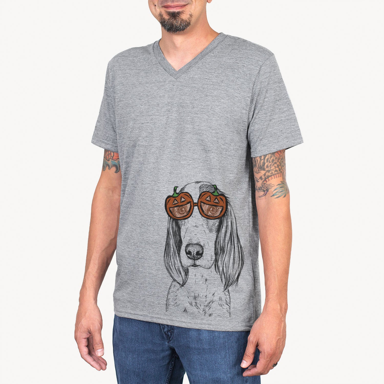Hand-drawn sketch of Aline the Irish Red and White Setter wearing pumpkin glasses on a Grey pumpkin collection