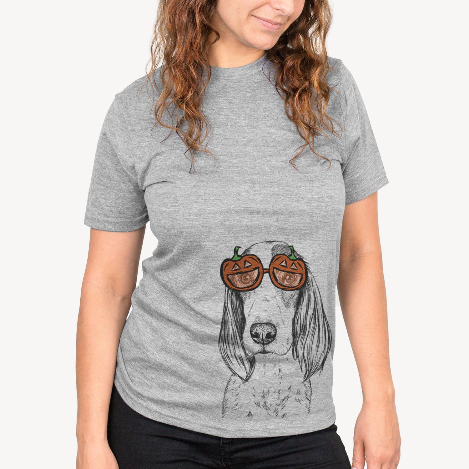Hand-drawn sketch of Aline the Irish Red and White Setter wearing pumpkin glasses on a Grey pumpkin collection, on a hanger