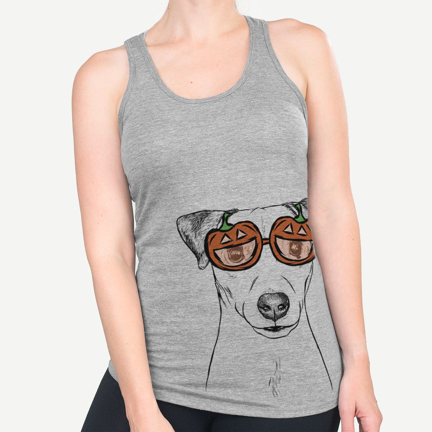 Hand-drawn sketch of Ally the Jack Russell Terrier wearing pumpkin glasses on a Grey pumpkin collection