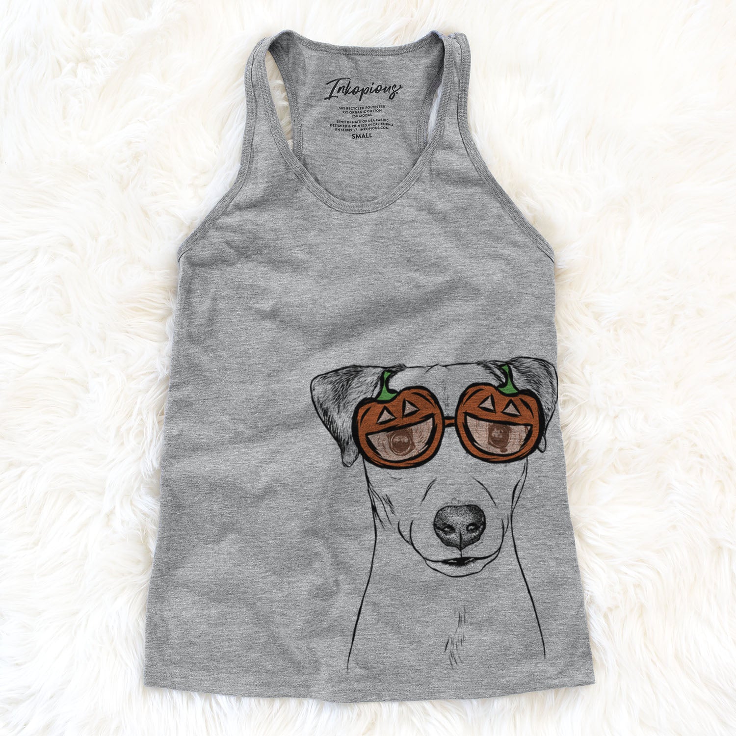 Hand-drawn sketch of Ally the Jack Russell Terrier wearing pumpkin glasses on a Grey pumpkin collection