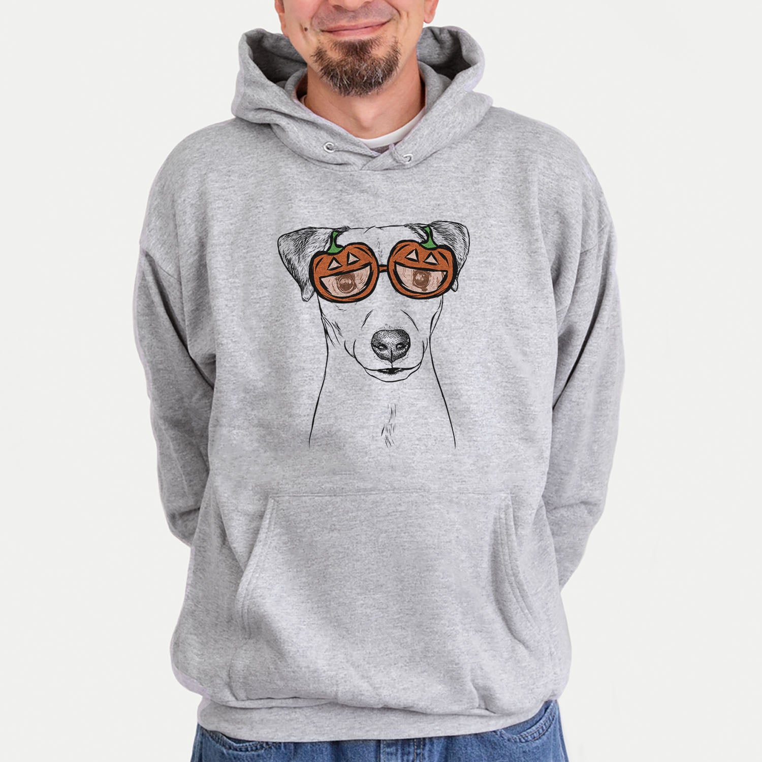Hand-drawn sketch of Ally the Jack Russell Terrier wearing pumpkin glasses on a Grey pumpkin collection, hanging on a wall