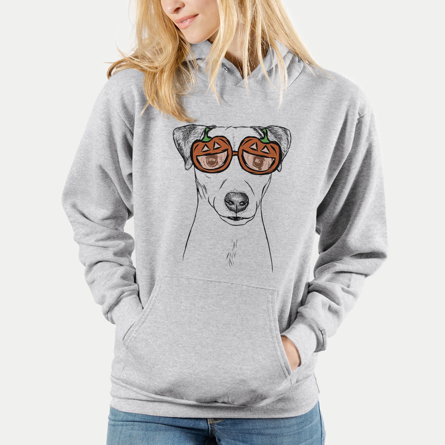 Hand-drawn sketch of Ally the Jack Russell Terrier wearing pumpkin glasses on a Grey pumpkin collection