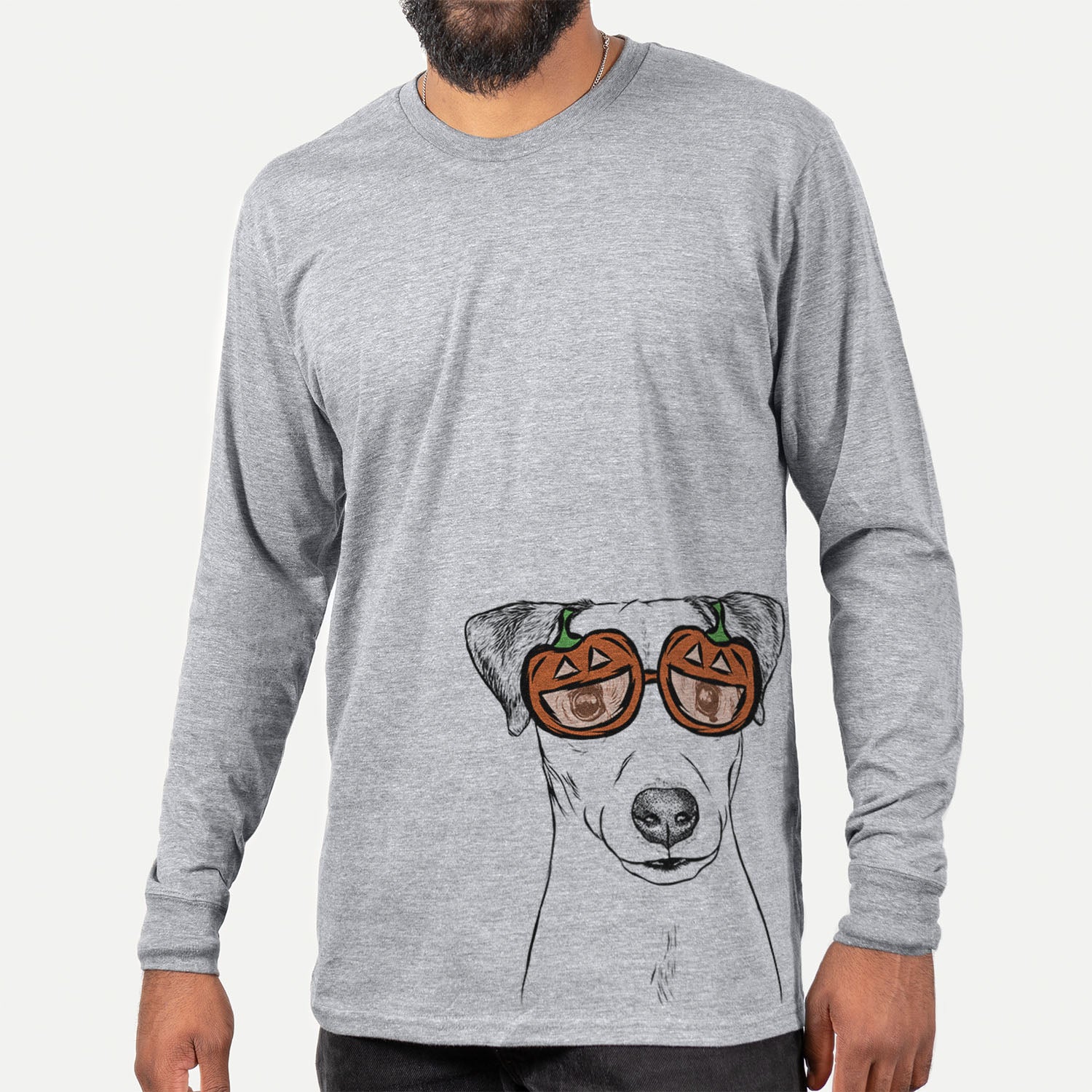 Hand-drawn sketch of Ally the Jack Russell Terrier wearing pumpkin glasses on a Grey pumpkin collection, hanging on a wall