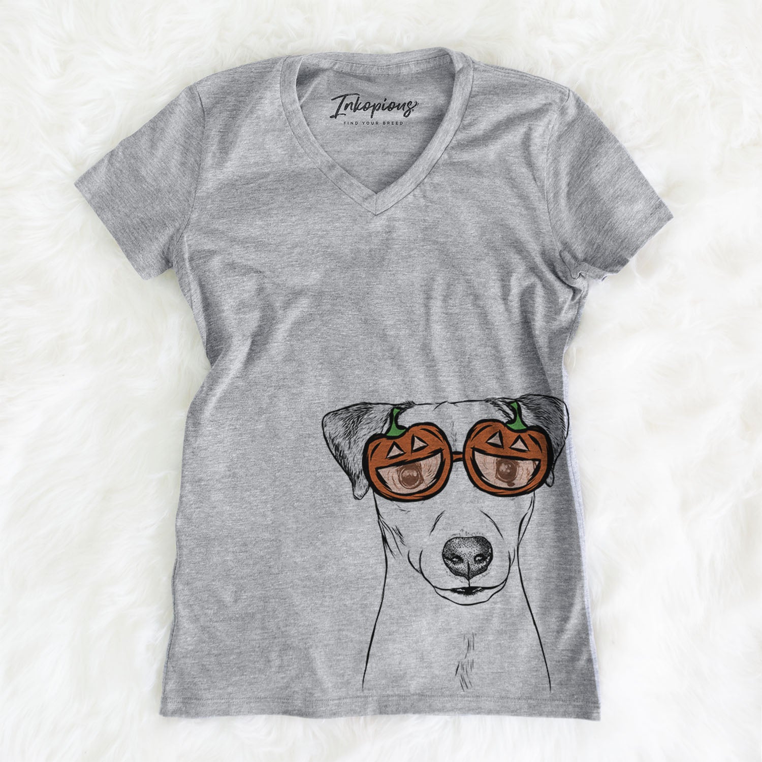 Hand-drawn sketch of Ally the Jack Russell Terrier wearing pumpkin glasses on a Grey pumpkin collection, on a hanger