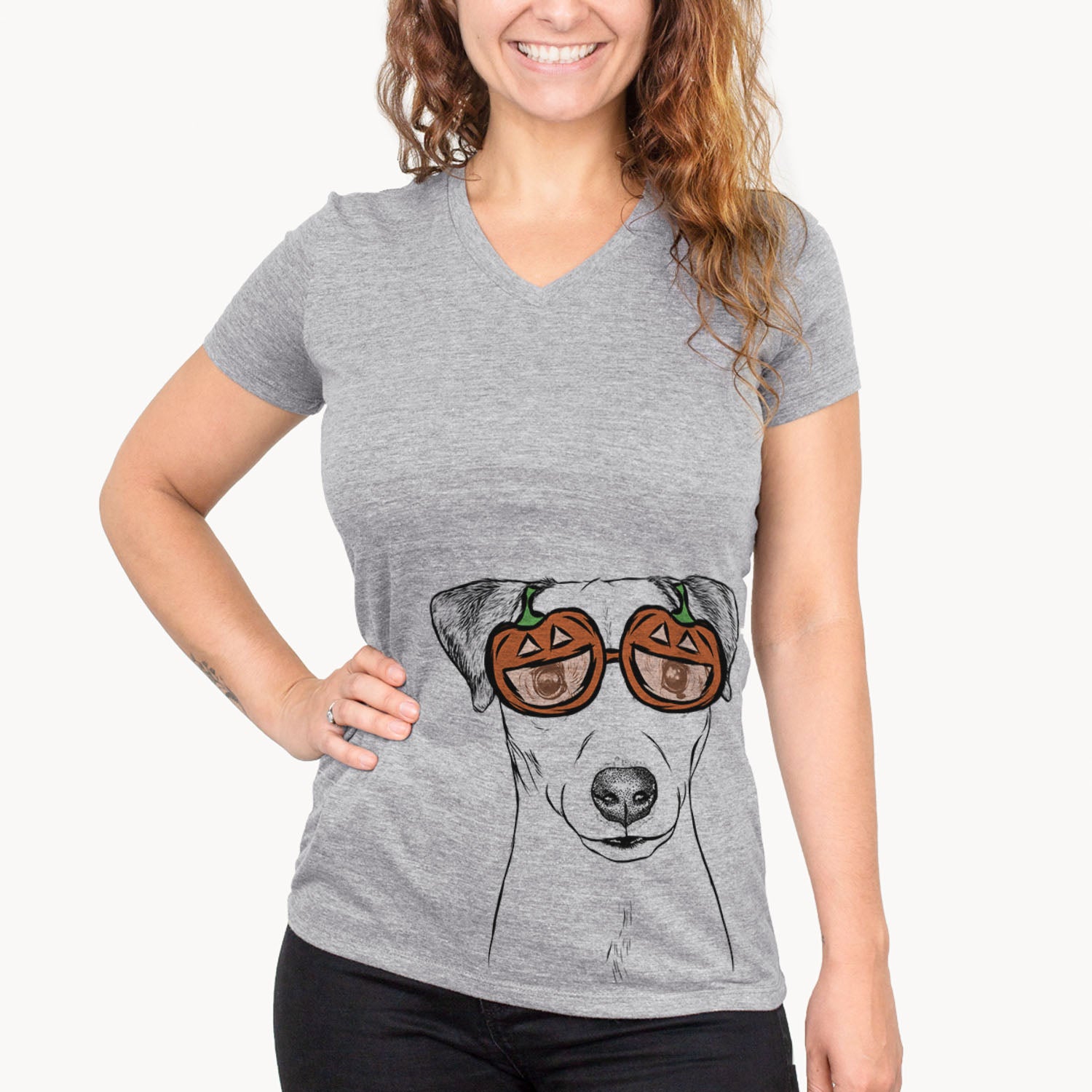 Hand-drawn sketch of Ally the Jack Russell Terrier wearing pumpkin glasses on a Grey pumpkin collection