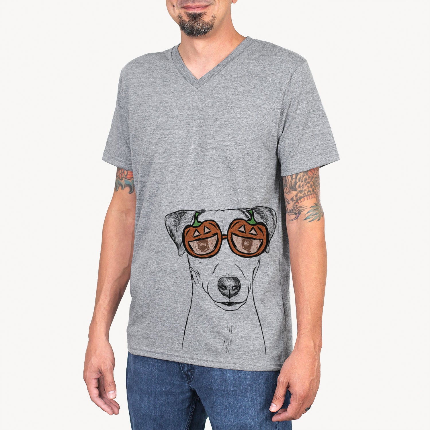 Hand-drawn sketch of Ally the Jack Russell Terrier wearing pumpkin glasses on a Grey pumpkin collection