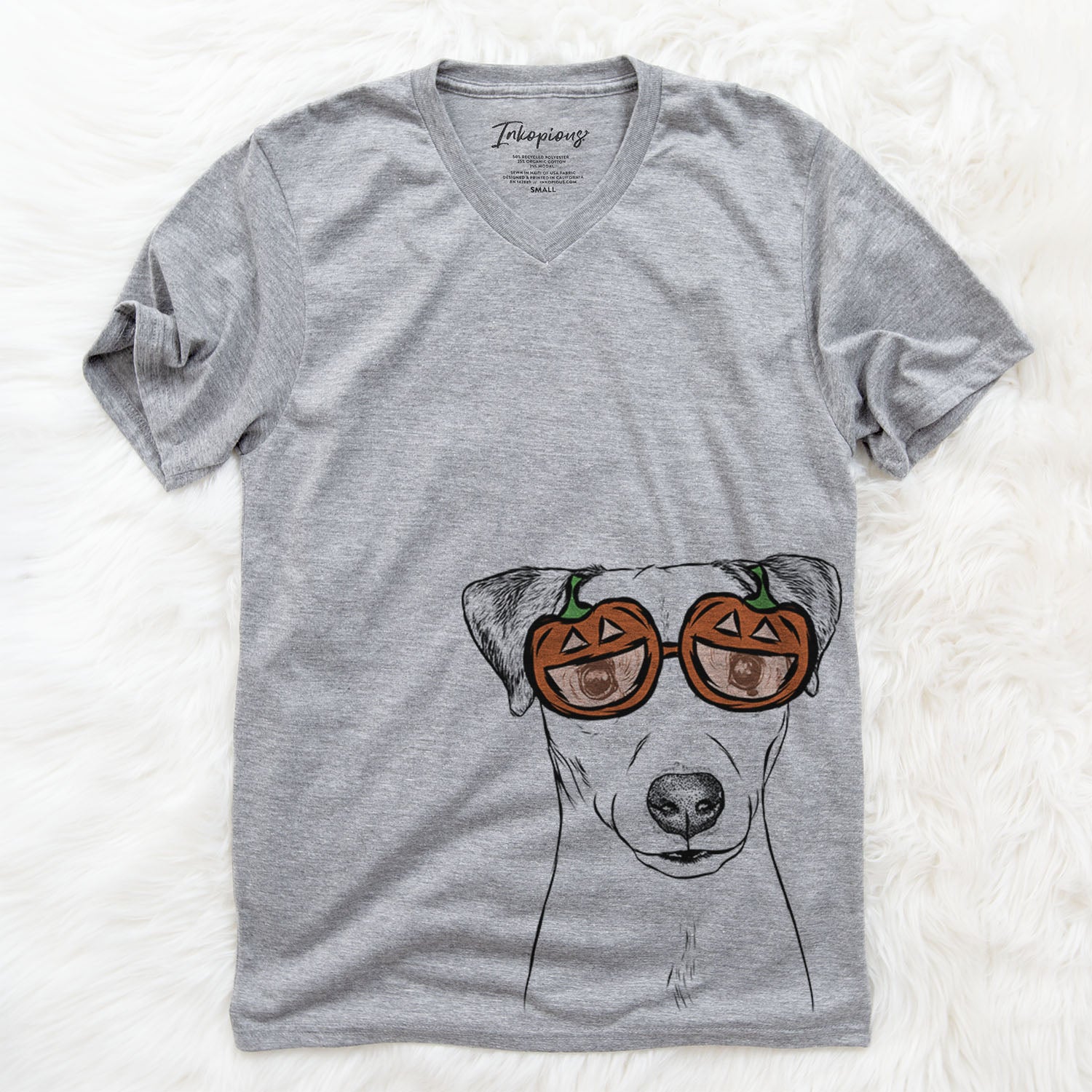 Hand-drawn sketch of Ally the Jack Russell Terrier wearing pumpkin glasses on a Grey pumpkin collection