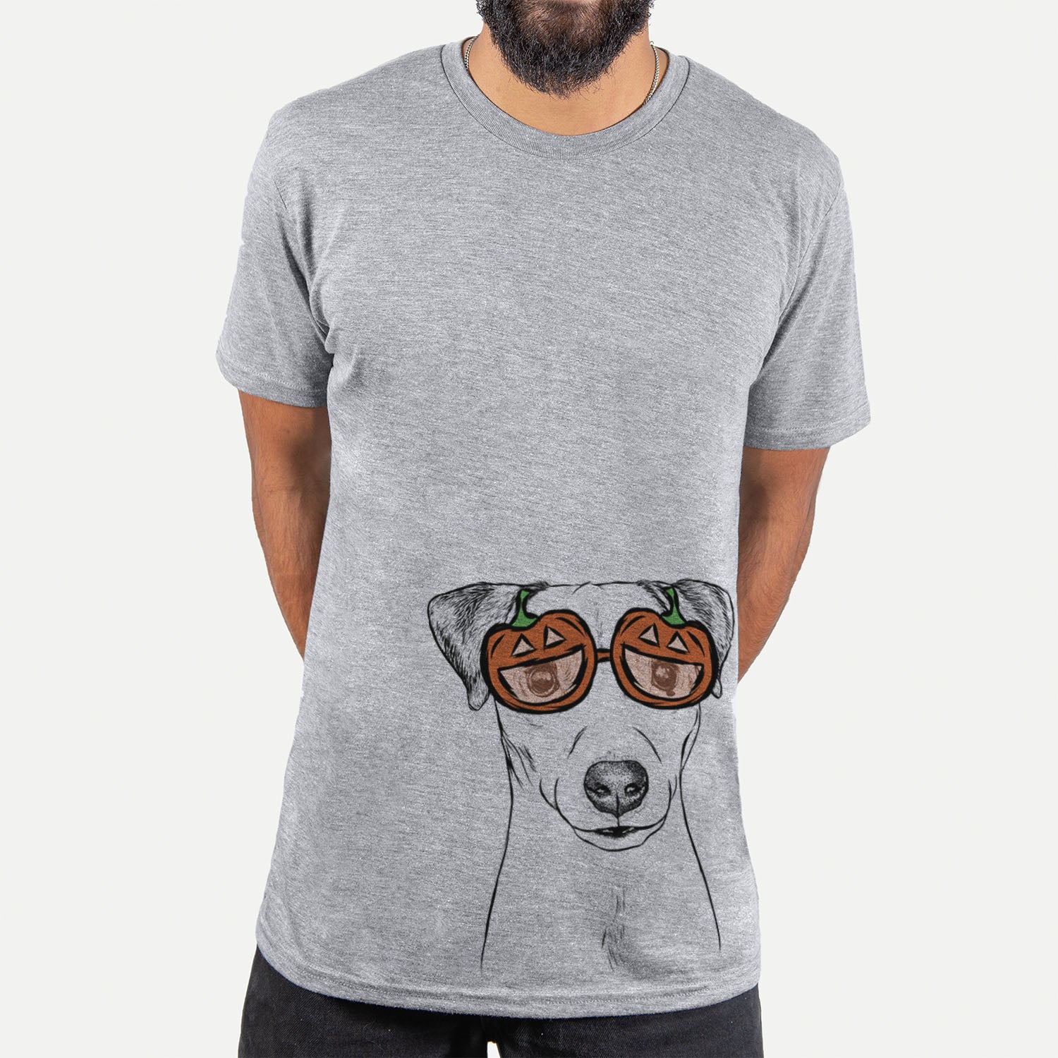 Hand-drawn sketch of Ally the Jack Russell Terrier wearing pumpkin glasses on a Grey pumpkin collection, hanging on a wall