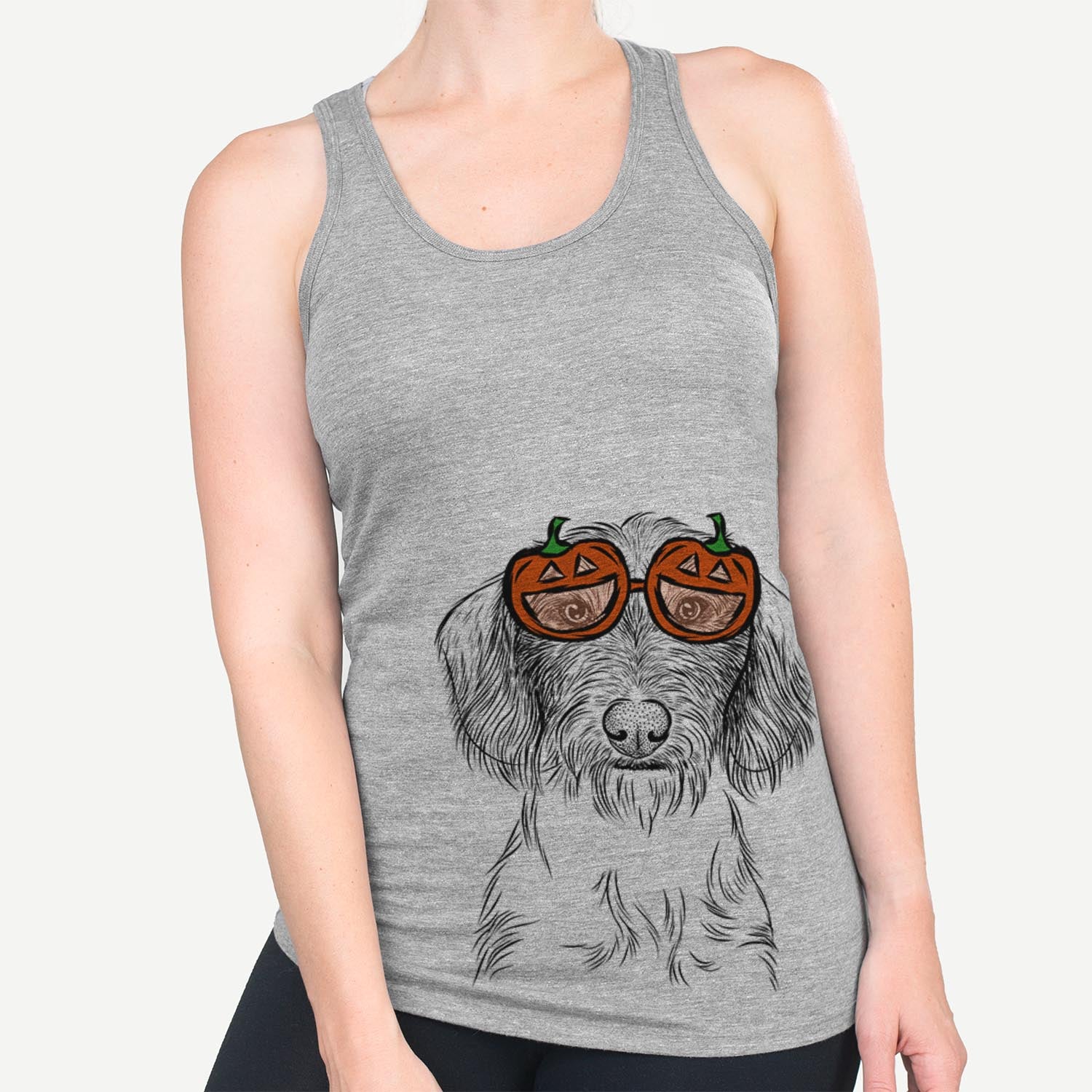 Hand-drawn sketch of Almond the Wirehaired Dachshund wearing pumpkin glasses on a Grey pumpkin collection