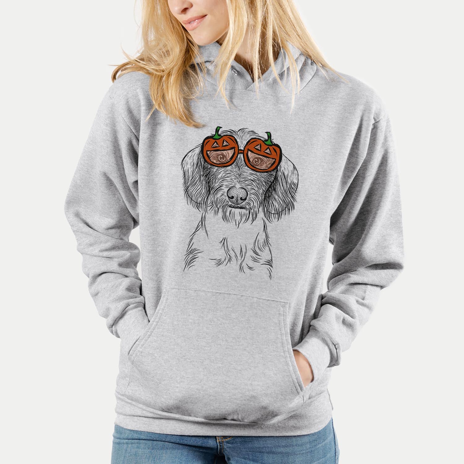 Hand-drawn sketch of Almond the Wirehaired Dachshund wearing pumpkin glasses on a Grey pumpkin collection