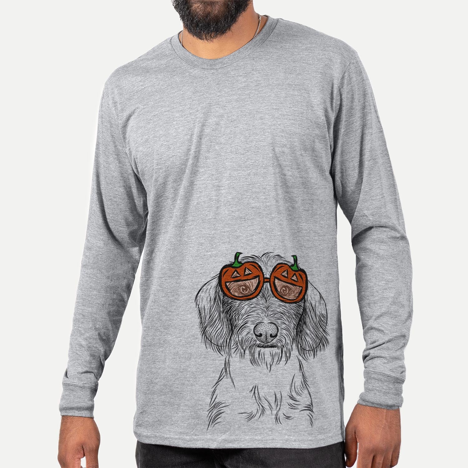 Hand-drawn sketch of Almond the Wirehaired Dachshund wearing pumpkin glasses on a Grey pumpkin collection, hanging on a wall